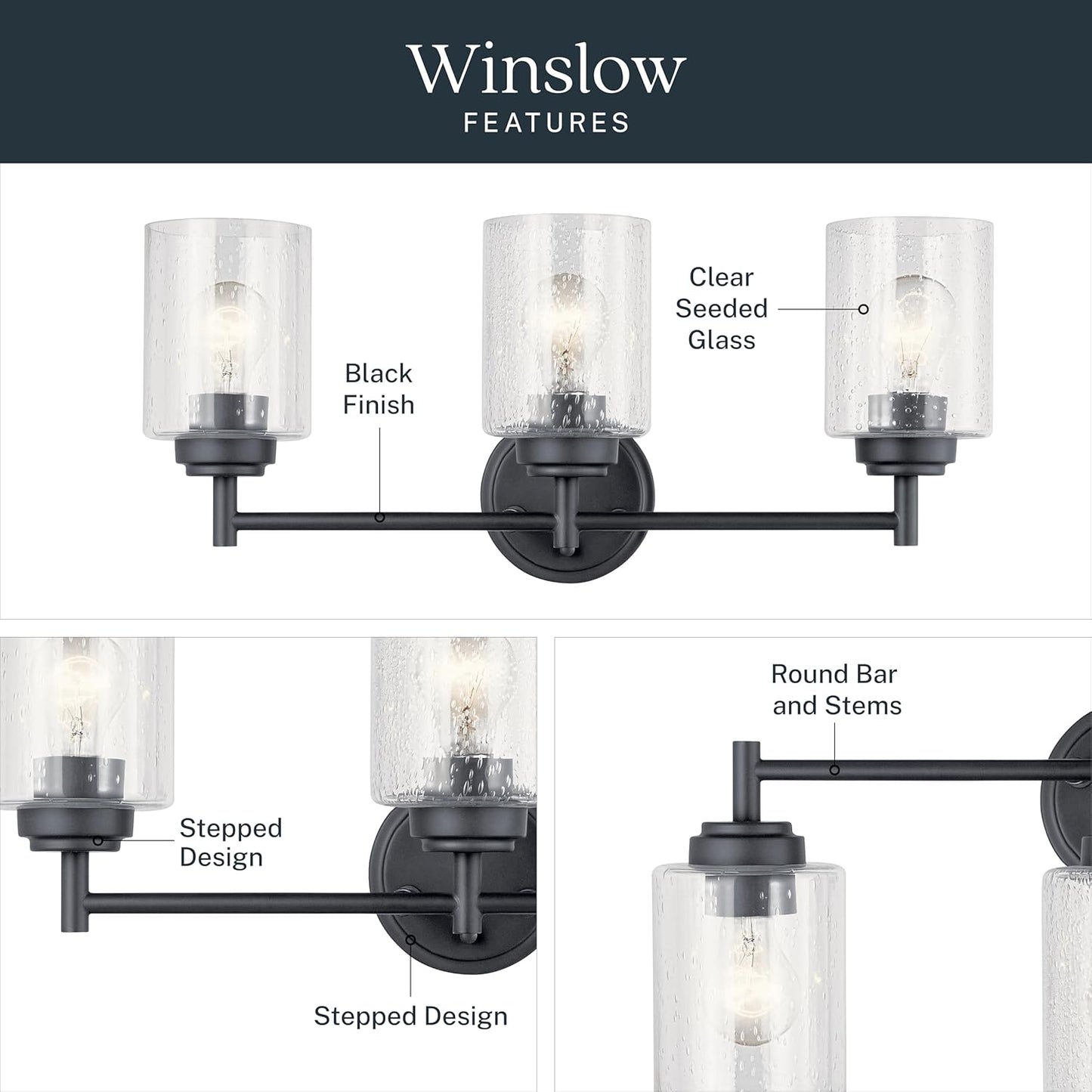 Kichler Winslow 21.5" 3-Light Bathroom Vanity Light Fixture with Clear Seeded Glass in Black, Modern Wall Mount Lighting for Mirror over Vanity in Bathroom, 45886BK