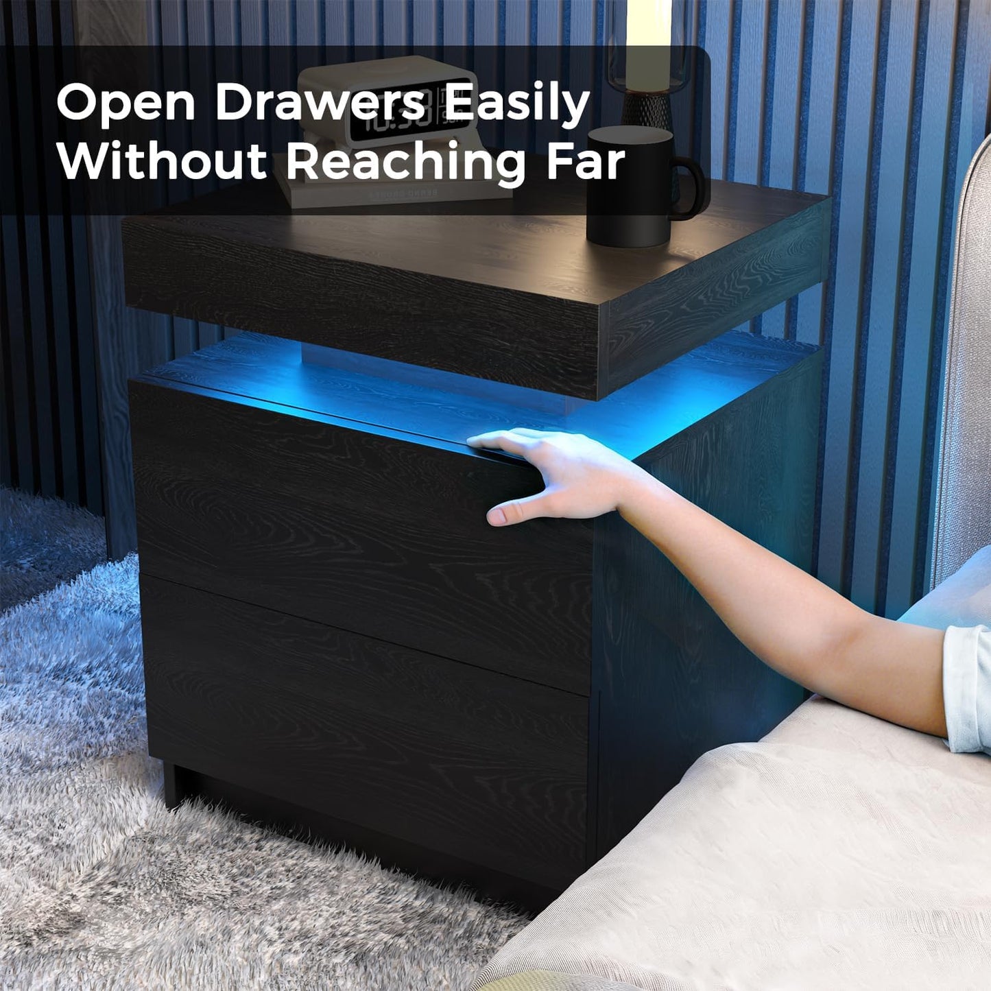 LED Nightstands Set of 2, Modern Black Night Stand End Tables with APP & Remote Control LED Lighting, 2 Drawers, Open Shelf Storage, Bedside Tables for Bedroom and Living Room