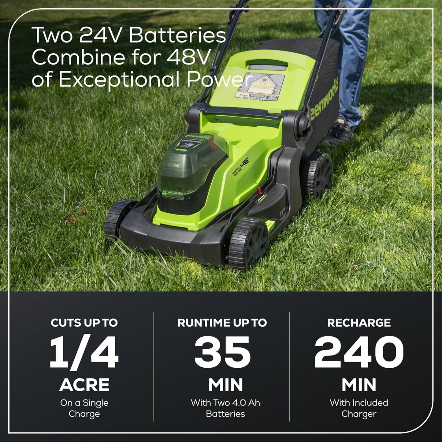Greenworks 48V (24V x 2) 17" Brushless Cordless Push Lawn Mower, Includes (2) 4.0Ah Batteries and Dual Port Rapid Charger((200+ Compatible Tools, 45Min Runtime)