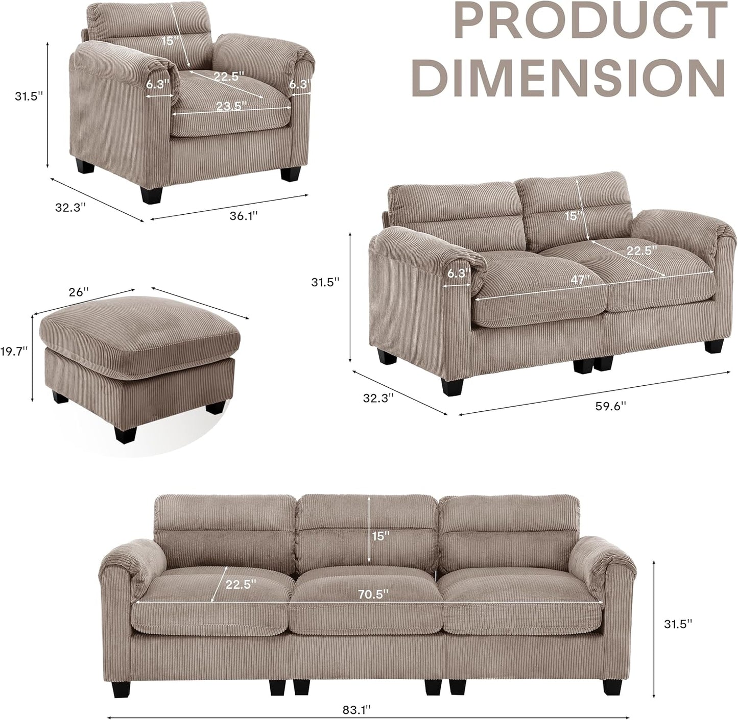 HAOMARKETS Corduroy Sofa Set,Upholstered Loveseat, and 3-Seater Couch with Plush Cushions and Rolled Arms, Modern Living Room Furniture Sets,Brown