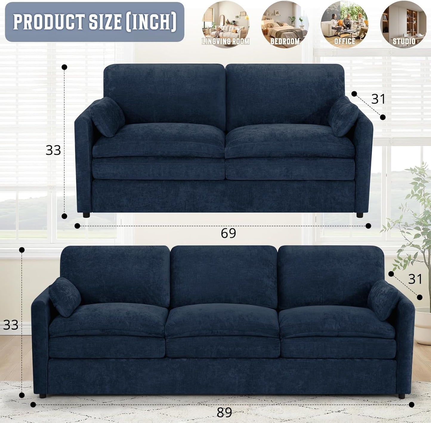 Classic Chenille Sofa Set with 2 Extra Armrest Pillows, Loveseat and 3-Seat Sofa with Upholstered Seat & Backrests, 2 Pieces Sectional Couch with Thickened Cushions for Living Room, Blue