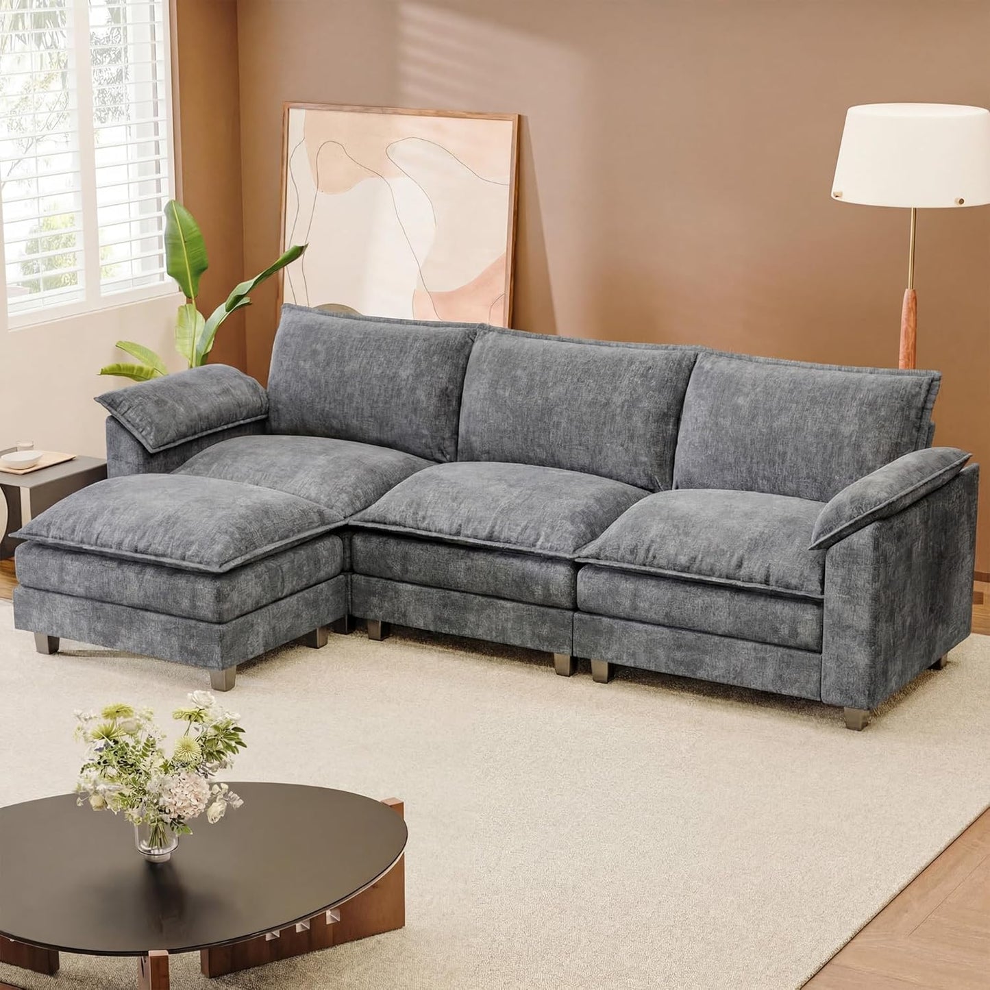 JUMMICO 118.9" Modular Sectional Cloud Couch 3-Seat Sofa Set with Movable Ottoman, L Shaped Sofa Couch with Deep Seat, Chenille Couches for Living Room (Light Grey-4, L Shaped Sofa)