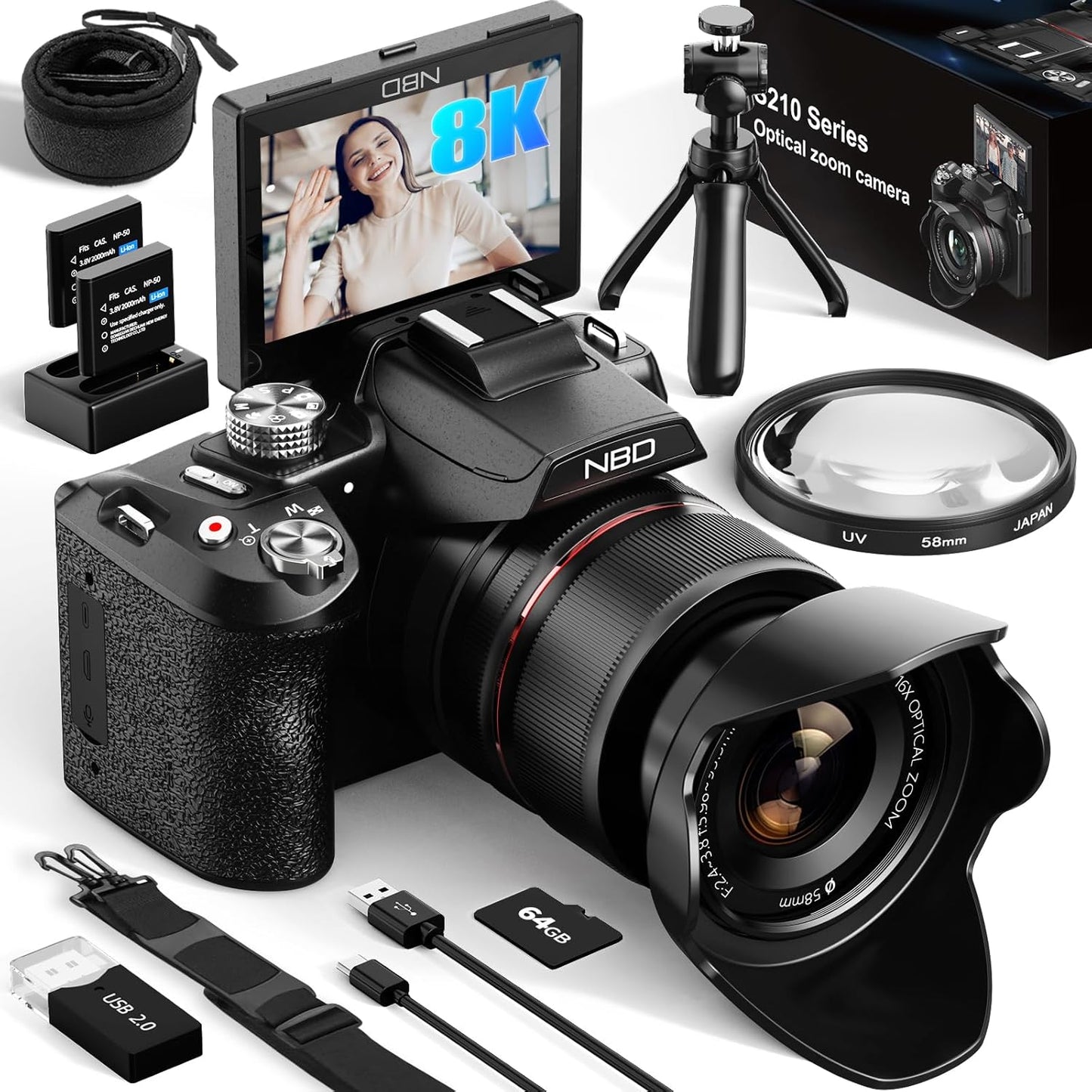 NBD 64MP Digital Cameras for Photography,8K Vlogging Cameras for YouTube,16X Optical Zoom Travel Point and Shoot Digital Cameras Fotograficas with 180°Flip Screen,58mm UV Lens,2 Batteries(Black)