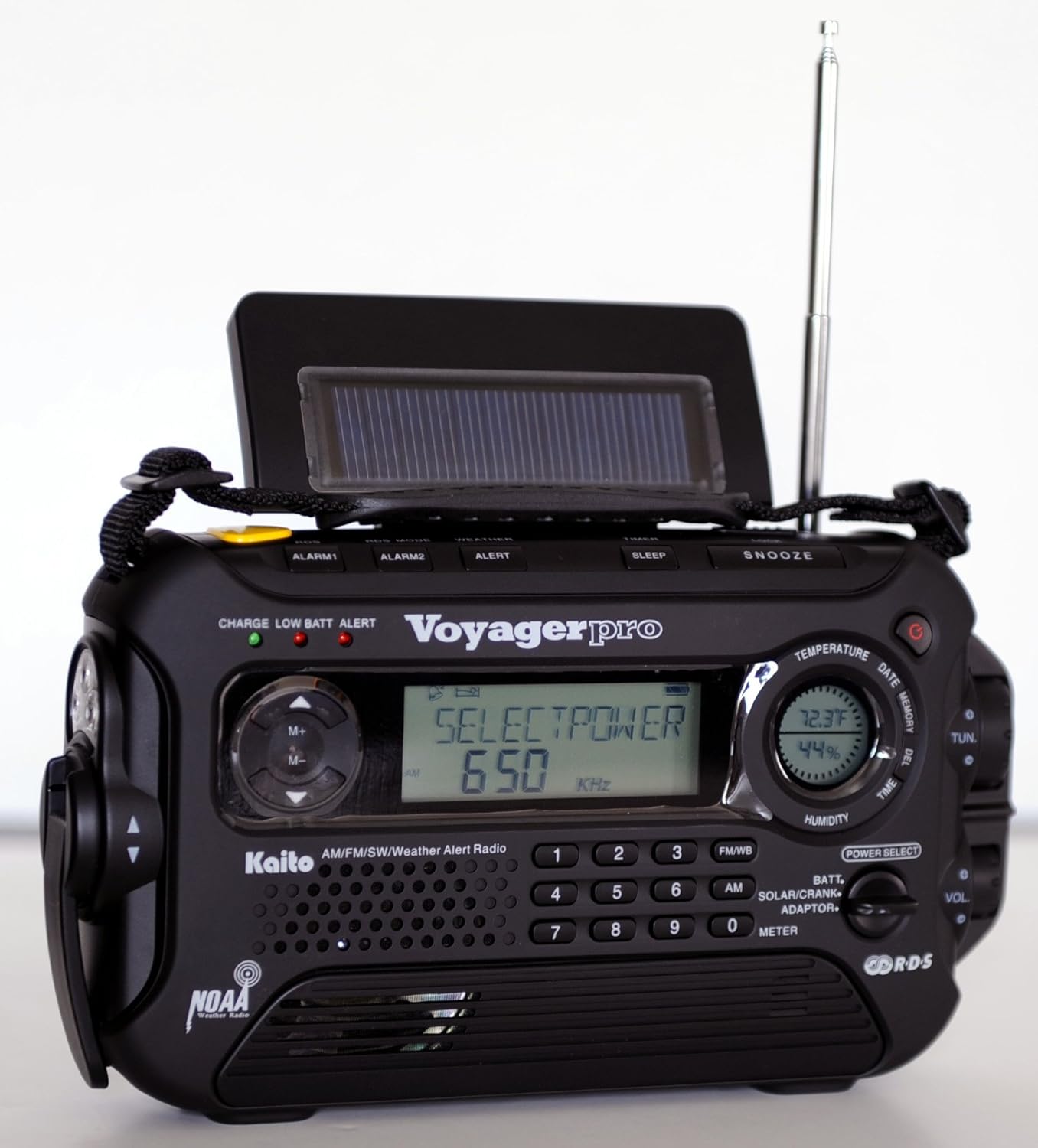 Kaito Voyager Pro KA600 Digital Solar Dynamo Hand Crank AM/FM/LW/SW & NOAA Weather Emergency Radio with Flashlight, Reading Lamp,Smart Phone Charger & RDS and Real-Time Alert, with AC Adapter, Black